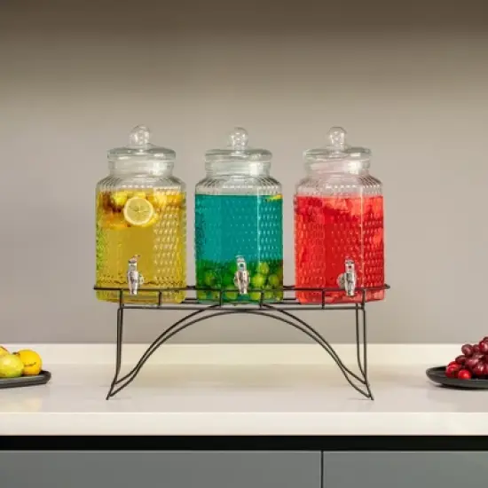 Basicwise 3-Piece Glass Drink Dispenser Set with Metal Stand and Stainless Steel Spigot - Beverage Dispensers for Lemonade, Juice, Water, and Punch image {1}