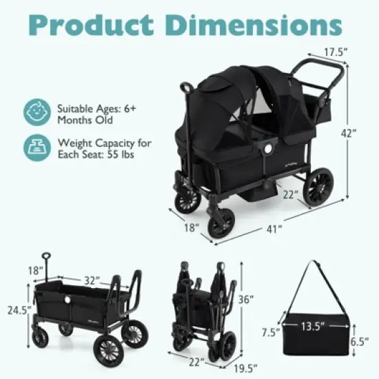 Costway Wagon Stroller for 2 Kids Push Pull Double Stroller with Adjustable Handle image {2}