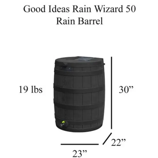 Good Ideas Rain Wizard Eco 50-Gallon Rain Saver Barrel, Single Spigot, Made with Recycled Materials and Screen for Garden and Outdoors, Black image {1}