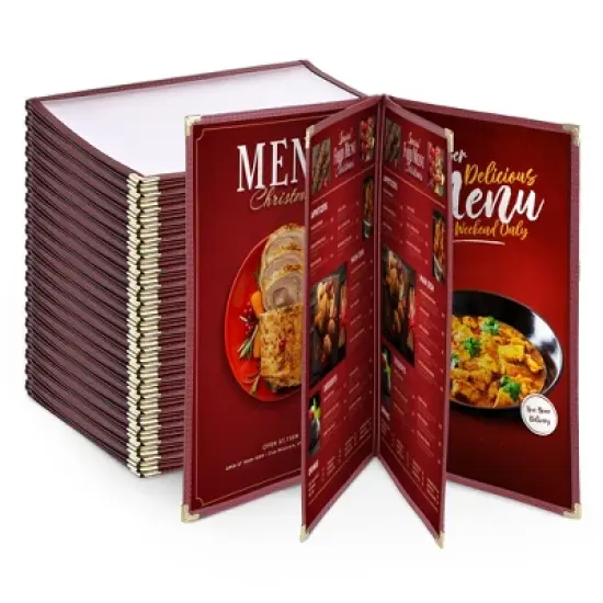 WeChef 20 Pack Restaurant Menu Cover Foldable 8.5X11 Burgundy Trim 4 Page 8 View Cafe Red image {9}