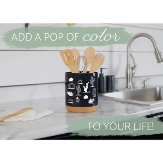 Elanze Designs 8 inch Cactus Desert Plant Pattern Large Ceramic Kitchen Utensil Holder Black and White Crock with Cork Base image {4}