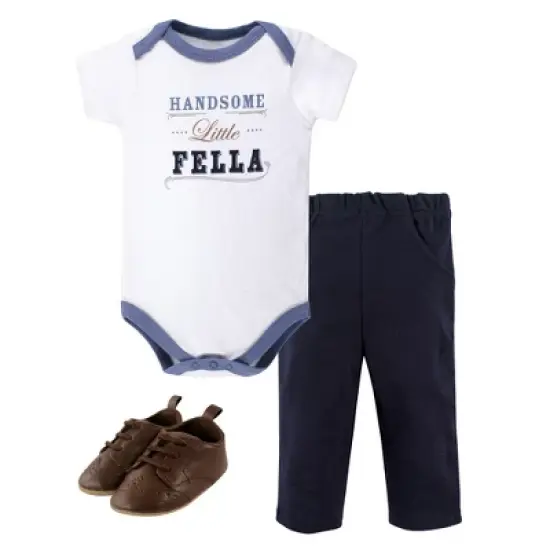 Little Treasure Baby Boy Cotton Bodysuit, Pant and Shoe 3pc Set, Handsome Fella Short-Sleeve image {4}