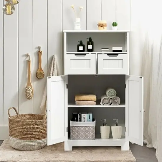 Costway Bathroom Floor Cabinet Wooden Storage Organizer Side Cabinet W/2 Drawer 2 Doors image {4}