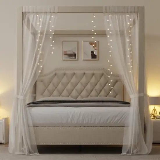 Upholstered Canopy Bed Frame Full Size with Headboard, Button Tufted, Nailhead Trim Design, No Box Spring Required image {3}