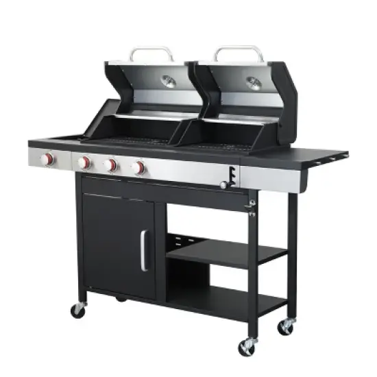 Dolonm 3+1 Hybrid Grill: Gas & Charcoal Combo w/Side Burner, 37,230BTU, Enamel Cast Iron Grids & Lockable Casters (Black) image {1}