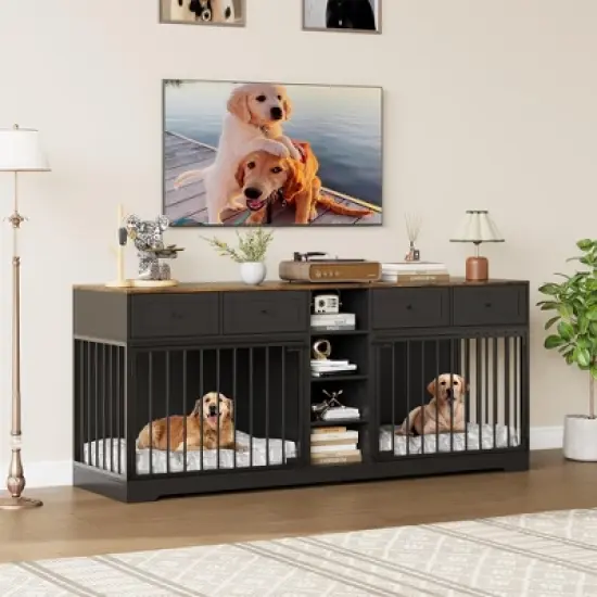 Whizmax 82&rdquo; Large Dog Crate with 4 Drawers and Shelves, Double Dog Crate Furniture TV Stand, Wooden Heavy Duty Dog Crate for Medium Large Dogs image {2}