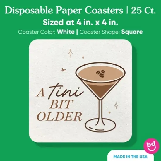 Big Dot of Happiness 25 Ct Espresso A Tini Bit Older Drink Coasters, 4-Inch Disposable Square Paper Coasters for Coffee Martini Birthday Party image {3}