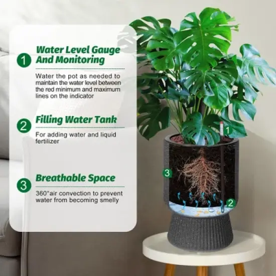 COZONY Planters Set of 2, Self Watering Plant Pots with Drainage & Water Level Monitor, Indoor Outdoor Flower Pots for Patio, Living Room, Office image {7}