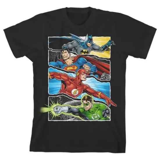 Justice League Four Superheroes Black T-shirt Toddler Boy to Youth Boy image {4}
