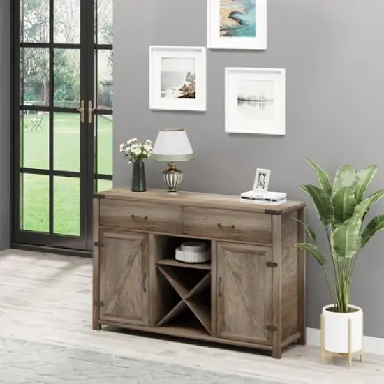 HOMCOM Wooden Farmhouse Sideboard, Storage Buffet Cabinet with 2 Large Drawers, X-Shaped Wine Rack, and Cabinets, Distressed Brown image {2}