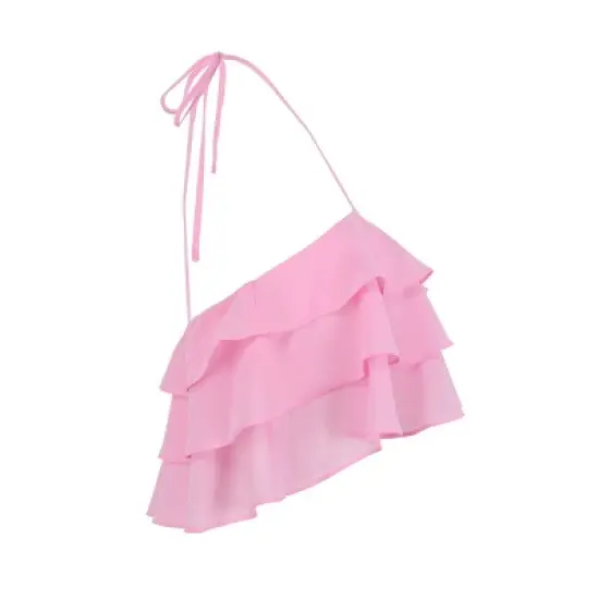 Women's Tiered Ruffle Cropped Halter Top - Begonia Pink image {1}