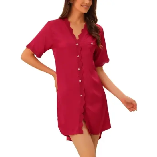 cheibear Womens Satin Pajama Dress Button Down Silky Short Sleeves Nightgowns image {8}