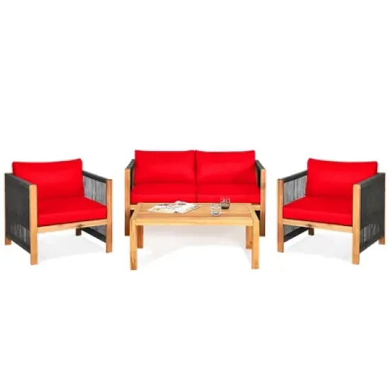 Costway 4PCS Wooden Patio Furniture Set Cushioned Sofa W/Rope Armrest White\Turquoise\Red image {1}