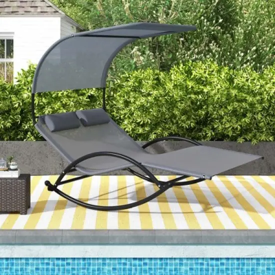 Costway Outdoor Dual Rocker Sunbed 2-Person Canopied Lounger with 2 Detachable Headrests image {10}