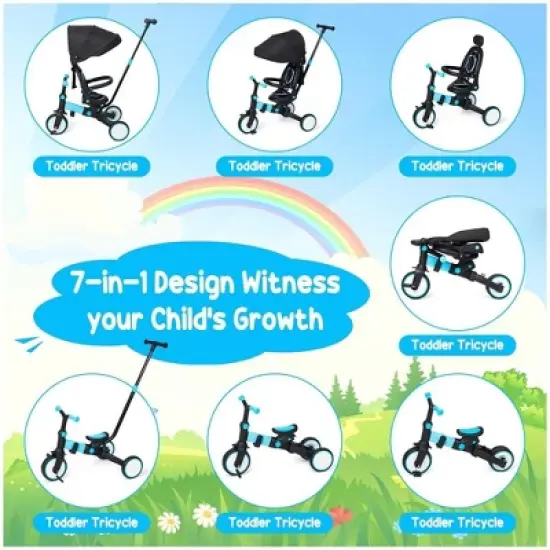 7 in 1 Baby Tricycle, Foldable Toddler Tricycle with Removable and Adjustable Parent Handle image {3}