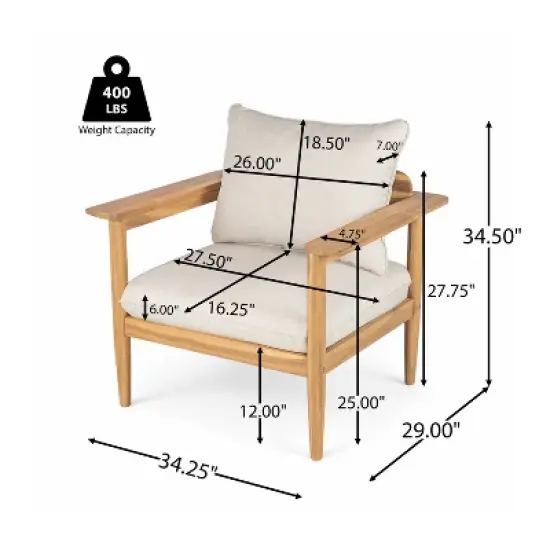 Christopher Knight Home Kari Patio Acacia Wood Slatted Club Chair with Water-Resistant Cushions, Beige/Light Teak image {2}