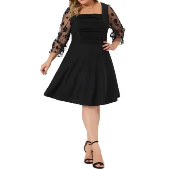 Agnes Orinda Women's Plus Size Square Neck Sheer Long Sleeve Ruffle Flowy A-Line Dresses image {5}