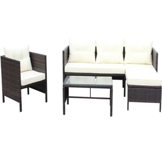 FIONECA 4-Piece Outdoor Patio Wicker Conversation Set, Rattan Sectional Sofa with Beige Cushions & Coffee Table image {6}
