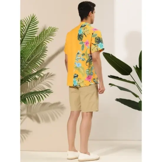Lars Amadeus Men's Hawaiian Shirt Short Sleeves Summer Patchwork Floral Leaf Shirts image {4}