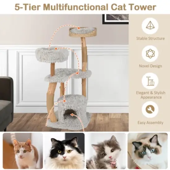 Costway 49" Multi-Layer Cat Tree Solid Wood Cat Tower w/ Jute Scratching Posts Cat Activity Center image {8}