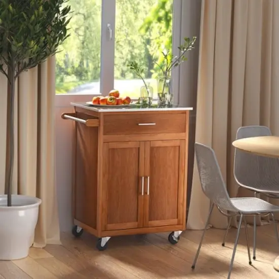 Costway Wood Kitchen Trolley Cart Stainless Steel Top Rolling Storage Cabinet Island image {2}