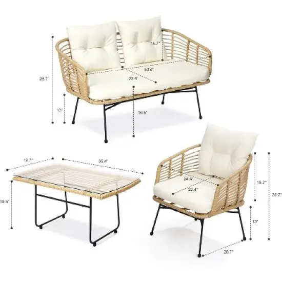 ODK 4 Pieces Outdoor Wicker Patio Conversation Bistro Set, All-Weather Rattan Patio Furniture Set, Outdoor Sectional Sofa for Balcony, Backyard, Deck image {4}