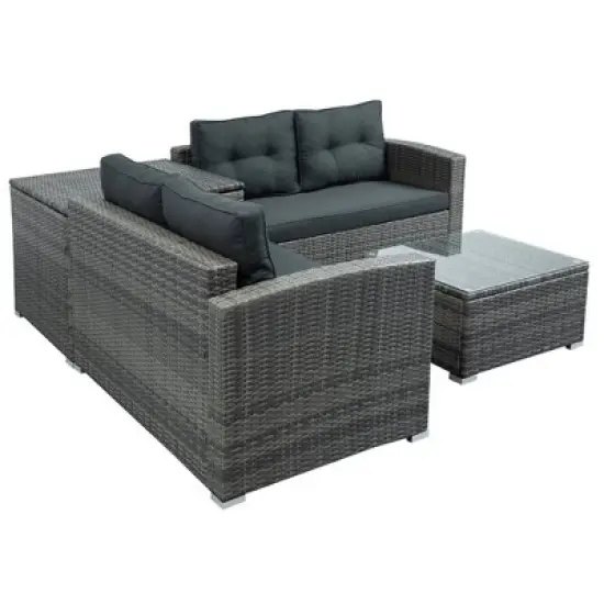 4pc Wicker Patio Set with Large Storage Box & Cushions - Gray - GODEER image {1}
