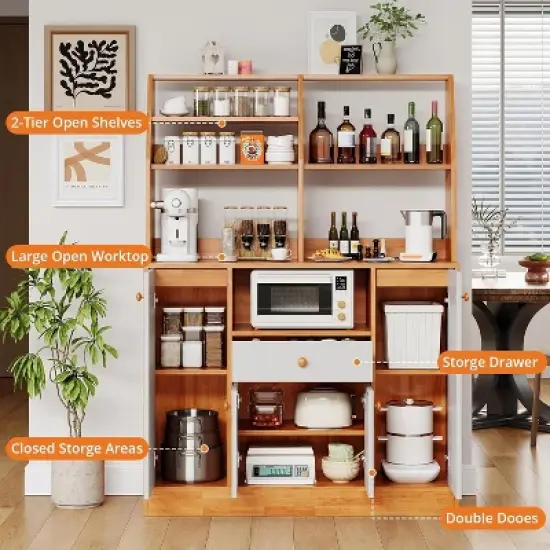 Wood Sideboard Buffet Cabinet, Large Cupboard Cabinet with Storage, Freestanding Kitchen Pantry Cabinets with Drawers, Adjustable Shelf & Storage Rack image {2}