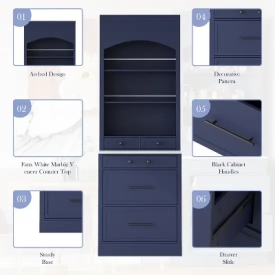APRILSOUL Blue Modern Kitchen Pantry, Freestanding Tall Kitchen Hutch with Faux Marble Top, Display Cupboard Cabinet with 5 Storage Drawers image {9}
