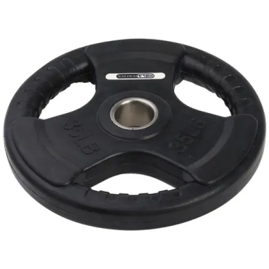 HolaHatha 35-Pound Olympic Rubber Coated Solid Cast Iron Weight Plate with Tri Grip Handle for Full Body Strength Training Workouts, Black image {4}