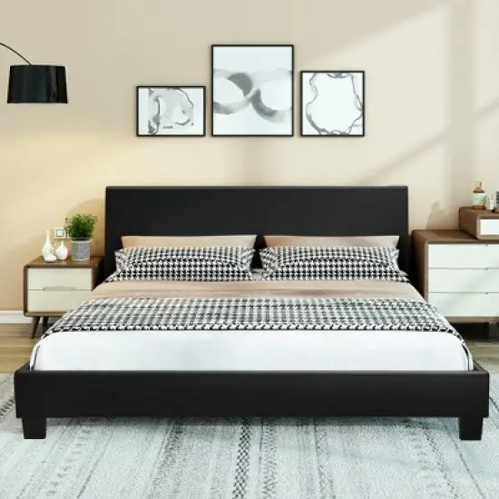 Costway Queen Upholstered Platform Bed Frame with Linen/PU Headboard Wood Slat Gray/Black image {3}
