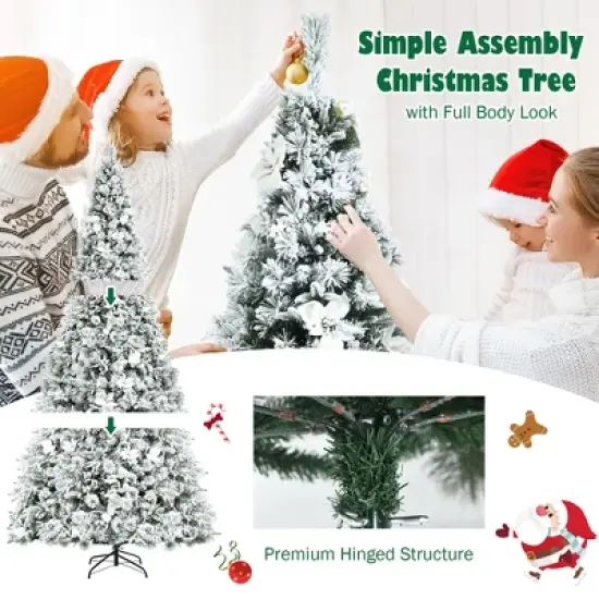 Costway 8ft Snow Flocked Hinged Christmas Tree w/ Berries & Poinsettia Flowers image {6}