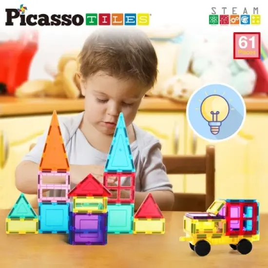 PICASSO-TILES Magnetic Tiles For Kids with Tote Bag, 61PCS Construction STEM Building Blocks Educational Toy image {5}