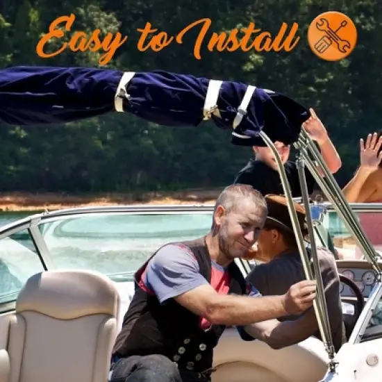 SereneLife 4 Bow 85-90 Inch Bimini UV Resistant Waterproof Top Boat Cover with 1 Inch Double Walled Aluminum Frame Tube and Windproof Straps, Blue image {1}