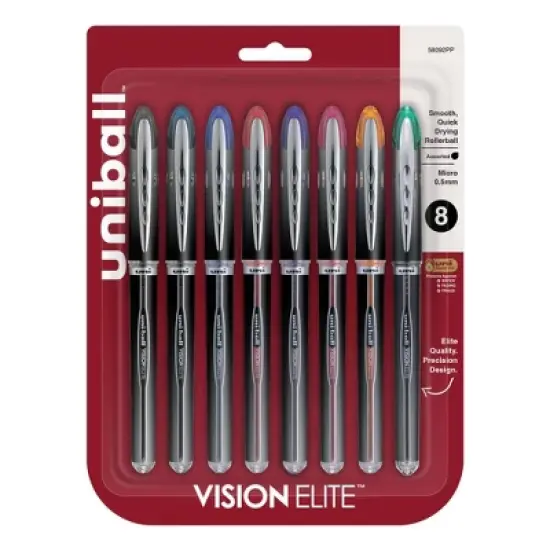 uni-ball VISION ELITE Stick Roller Ball Pen Assorted Ink Micro 8/Pack 58092PP image {8}