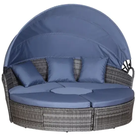 Outsunny 4-piece Cushioned Outdoor Rattan Wicker Round Sunbed or Conversational Sofa Set with Sun Canopy image {6}