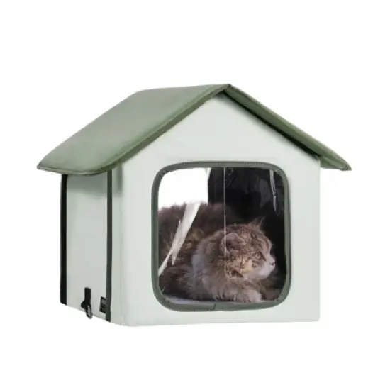 VEVOR Elevated Heated Cat House, Outdoor Kitty Shelter with Adjustable Temperature and Timer, 600D Oxford Cloth Foldable Cat Shelter, Green (Small) image {8}