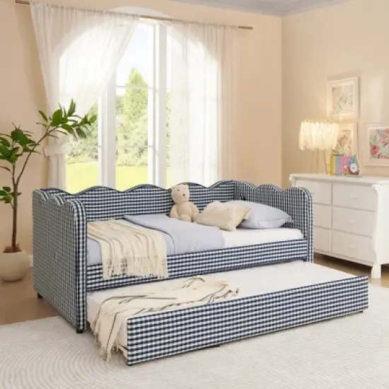 Lycvki Gingham Sofa with Trundle Twin Size Bed Frame No Mattress image {12}