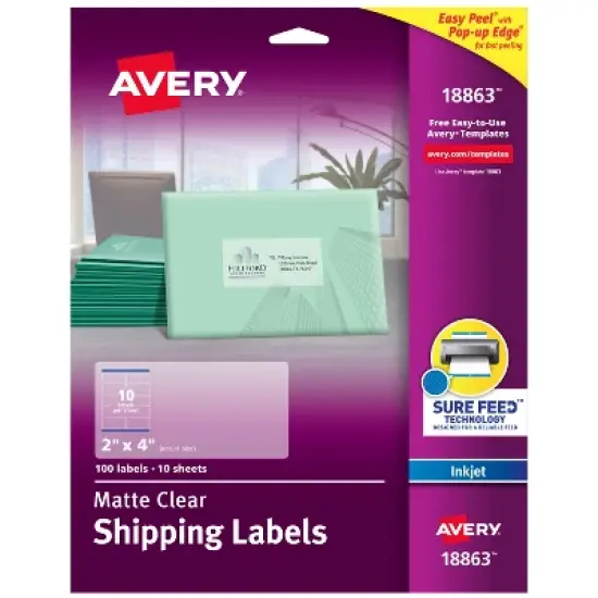 Avery Matte Clear Shipping Labels, Sure Feed Technology, Inkjet, 2" x 4", 100 Labels (18863) image {8}
