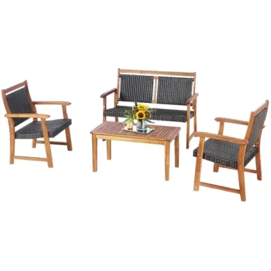 Costway 4 PCS Patio Rattan Furniture Set Acacia Wood Frame Sofa Loveseat Garden image {7}