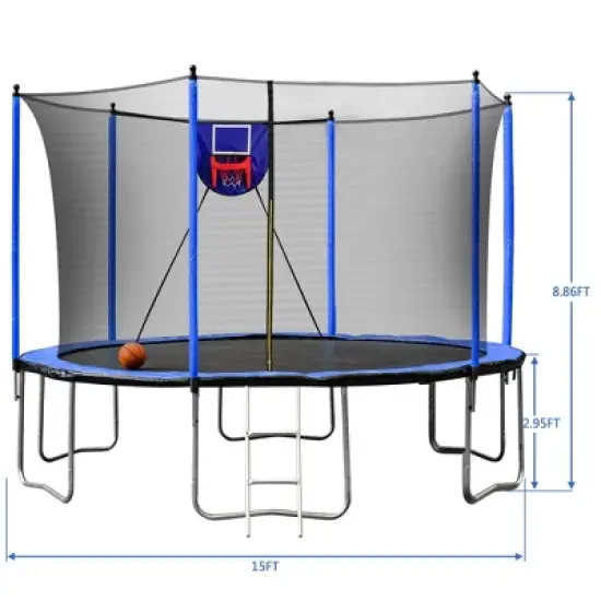 Okak 8/15/16FT Weather-Proof Outdoor Trampolines with Soft Basketball Board, Galvanized Metal Rebounder with Ball and Inflator for Garden, Yard image {6}
