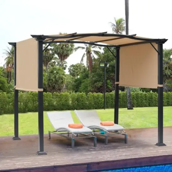 Outsunny 8' x 10' Retractable Pergola Canopy Steel Frame Polyester Fabric Gazebo with Top Cover,Retractable Canopy Shade Awning image {2}