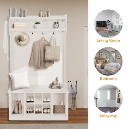 Multi-Functional Coat Rack with Shoe Storage and Nightstand, Sturdy Wood Entryway Organizer for Small Spaces image {3}