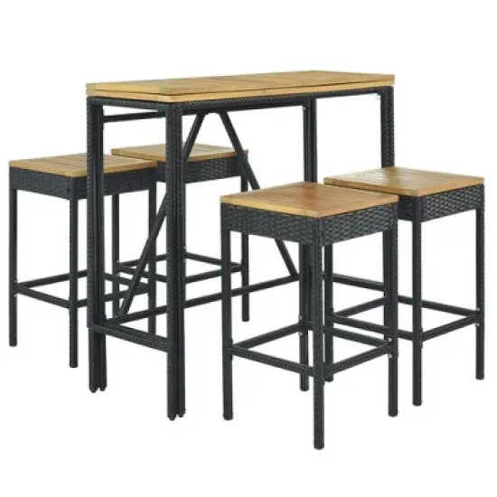 5-Piece Outdoor Patio Wicker Bar Set with Foldable Acacia Wood Top with 4 Stools and 1 Table,Brown - ModernLuxe image {7}