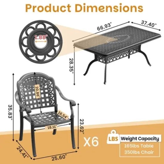 7-Piece Cast Aluminum Outdoor Dining Set with Blue Cushions, Rectangle Table & Stackable Chairs - for Patio, Backyard image {5}