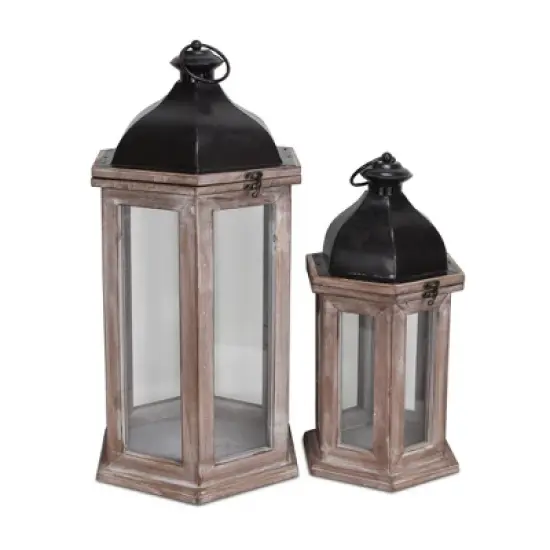 HomeRoots Set of Two Brown Geometric Metal And Solid Wood Floor Lantern Candle Holders image {4}