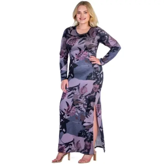 Womens Plus Size Floral Print Long Sleeve Side Slit Maxi Dress image {1}