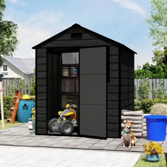 6&times;6 FT Outdoor Storage Shed with Wood Grain Finish, Weather-Resistant PP Tool Shed Featuring HD Window for Backyard or Garden&ndash;The Pop Home image {7}