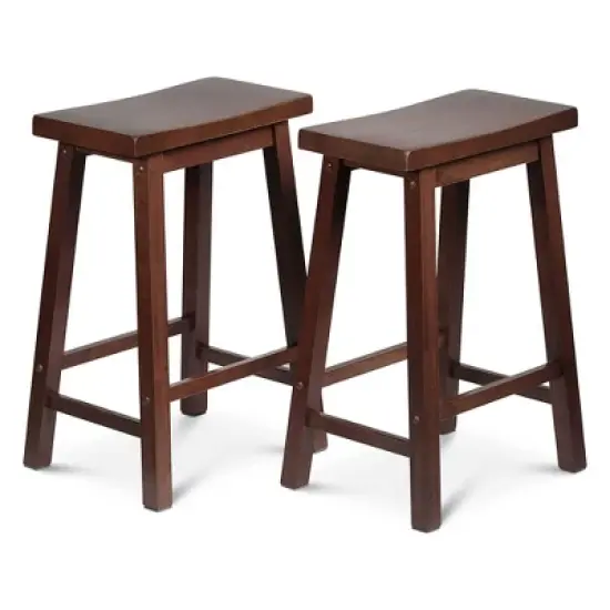 PJ Wood Classic Saddle-Seat 24" Tall Kitchen Counter Stools for Homes, Dining Spaces, and Bars w/ Backless Seats, 4 Square Legs, Walnut (Set of 8) image {1}