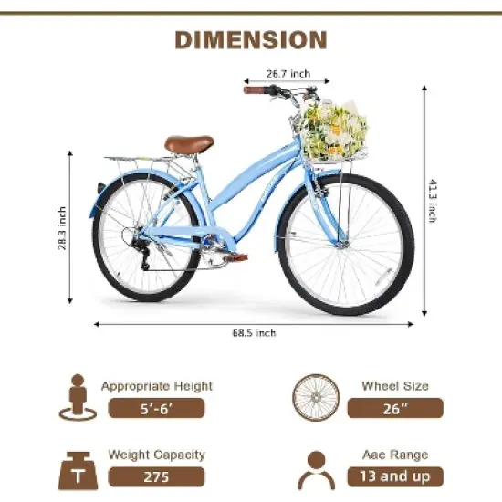 WEIZE Beach Cruiser Bike 26 inch City Bikes Commuter Bicycle for Adult 7-Speed Comfortable with Rear Rack or Basket Blue image {5}